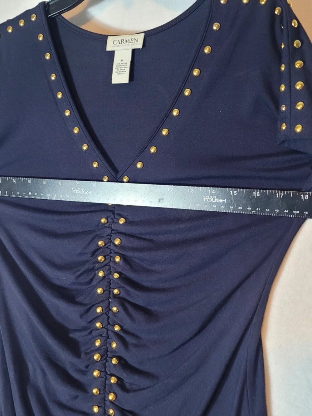 Carmen Marc Valvo Medium Navy Rayon Spandex Studded Top - Picture 4 of 14